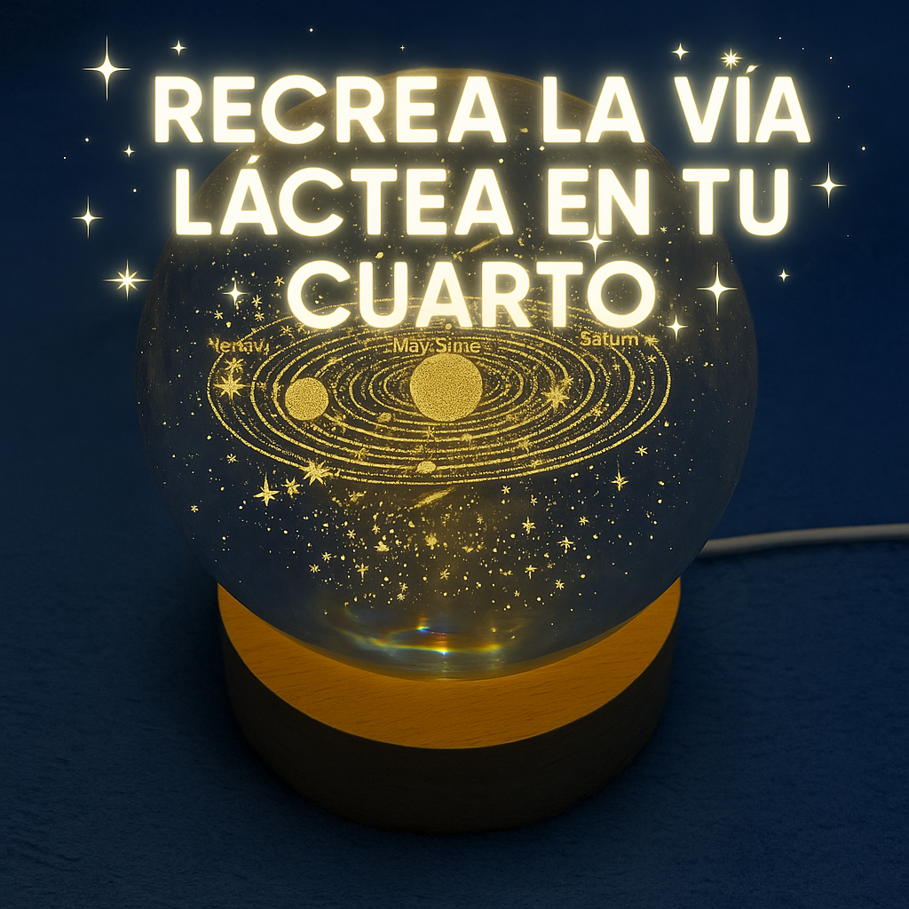 Luz Nocturna LED Vía Láctea – Lámpara 3D Bola de Cristal con Base de Madera