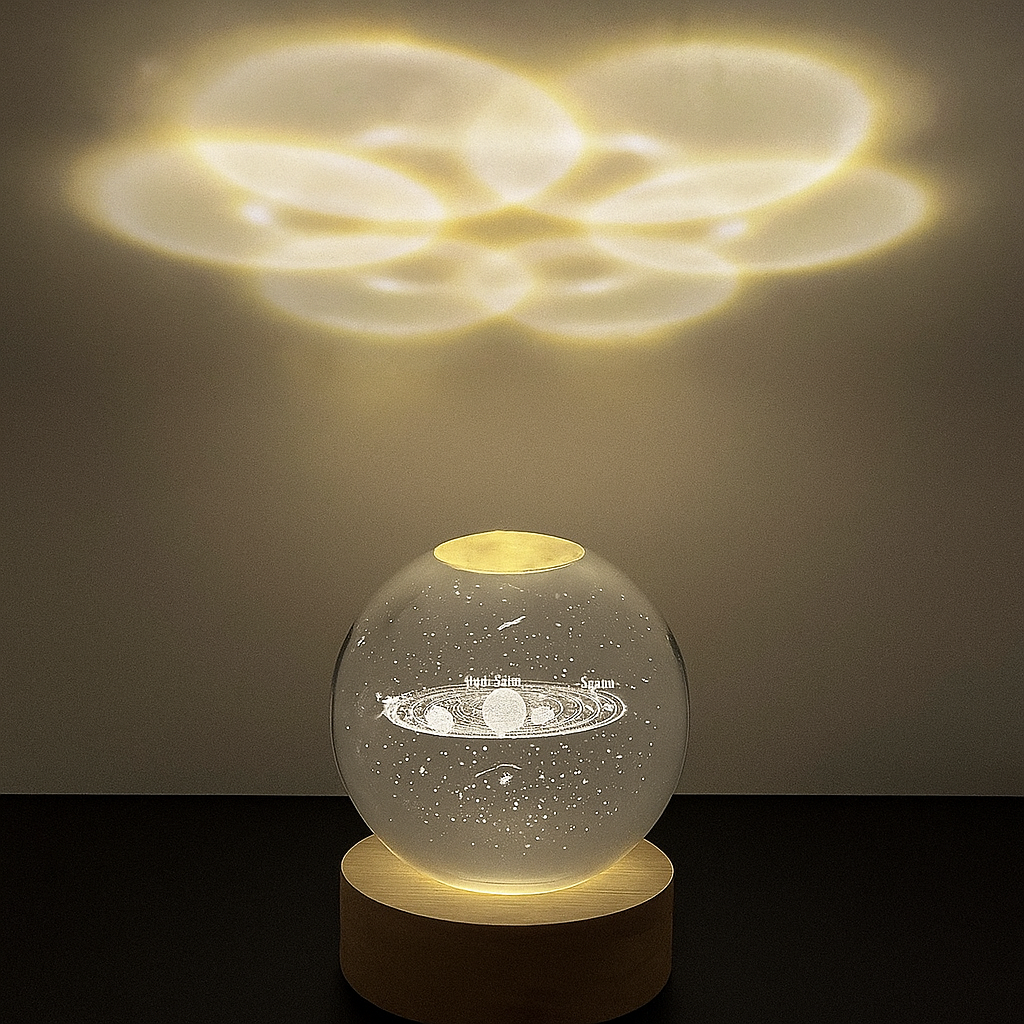 Luz Nocturna LED Vía Láctea – Lámpara 3D Bola de Cristal con Base de Madera