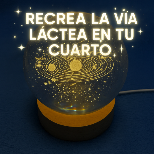 Luz Nocturna LED Vía Láctea – Lámpara 3D Bola de Cristal con Base de Madera