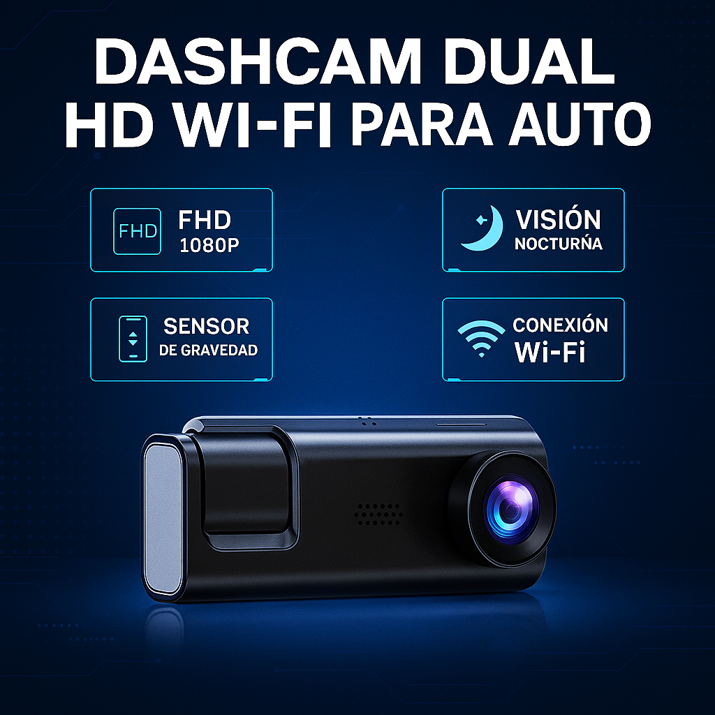 Dashcam Dual HD Wi‑Fi para Auto – Cámara de Tablero con Visión Nocturna