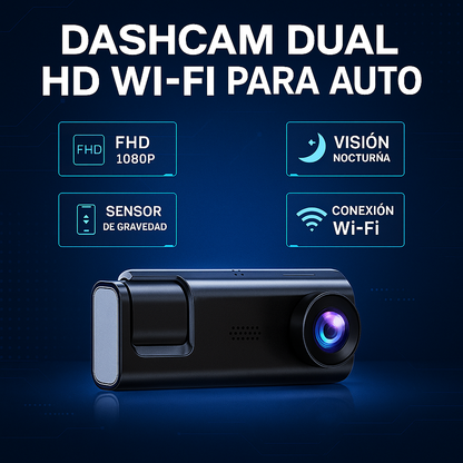 Dashcam Dual HD Wi‑Fi para Auto – Cámara de Tablero con Visión Nocturna