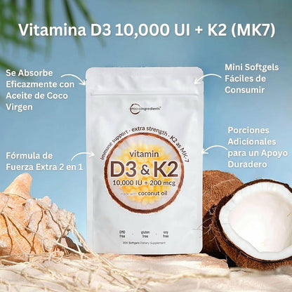 Vitamina D3 10,000 UI + K2 MK-7 200 mcg con Aceite de Coco Virgen — 300 Cápsulas Blandas