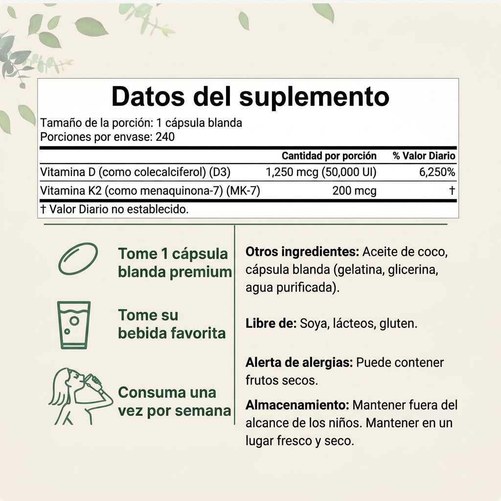 Vitamina D3 10,000 UI + K2 MK-7 200 mcg con Aceite de Coco Virgen — 300 Cápsulas Blandas