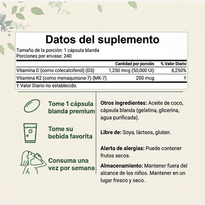 Vitamina D3 10,000 UI + K2 MK-7 200 mcg con Aceite de Coco Virgen — 300 Cápsulas Blandas