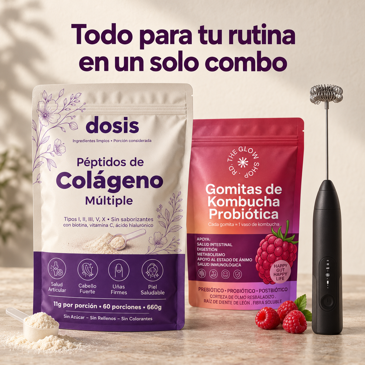 Colageno Hidrolizado de 1.5LB (60 Porciones) + Gomitas de Kombucha + Batidora Automatica