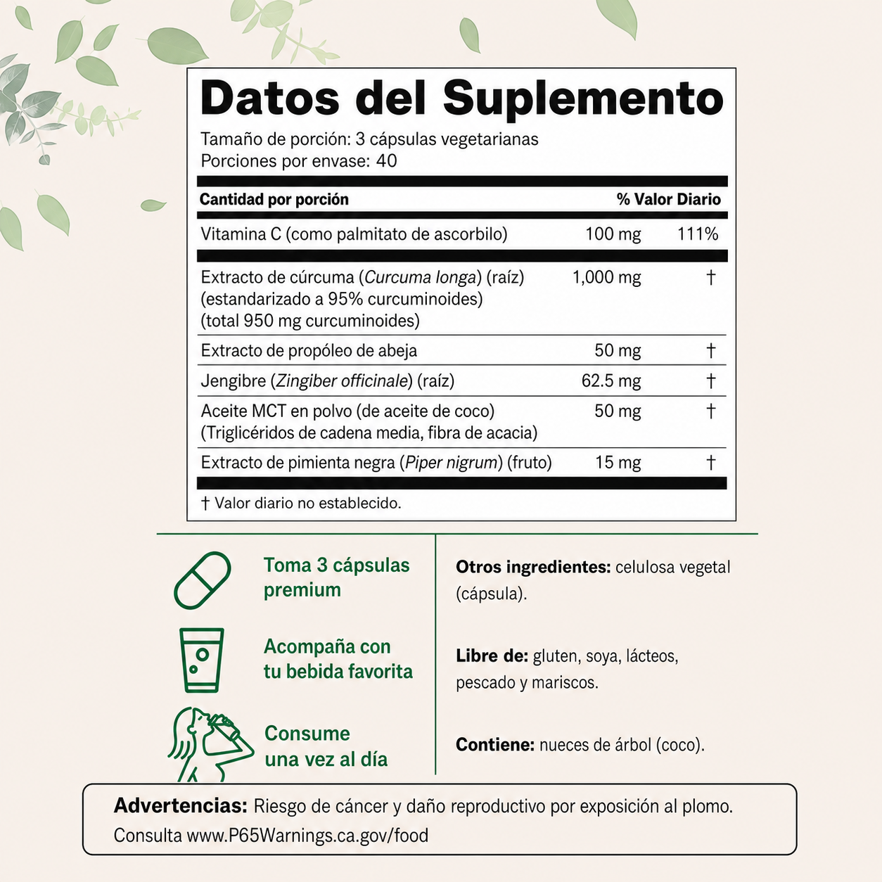 Cúrcuma Pura 95% con Pimienta Negra - 120 CAPSULAS